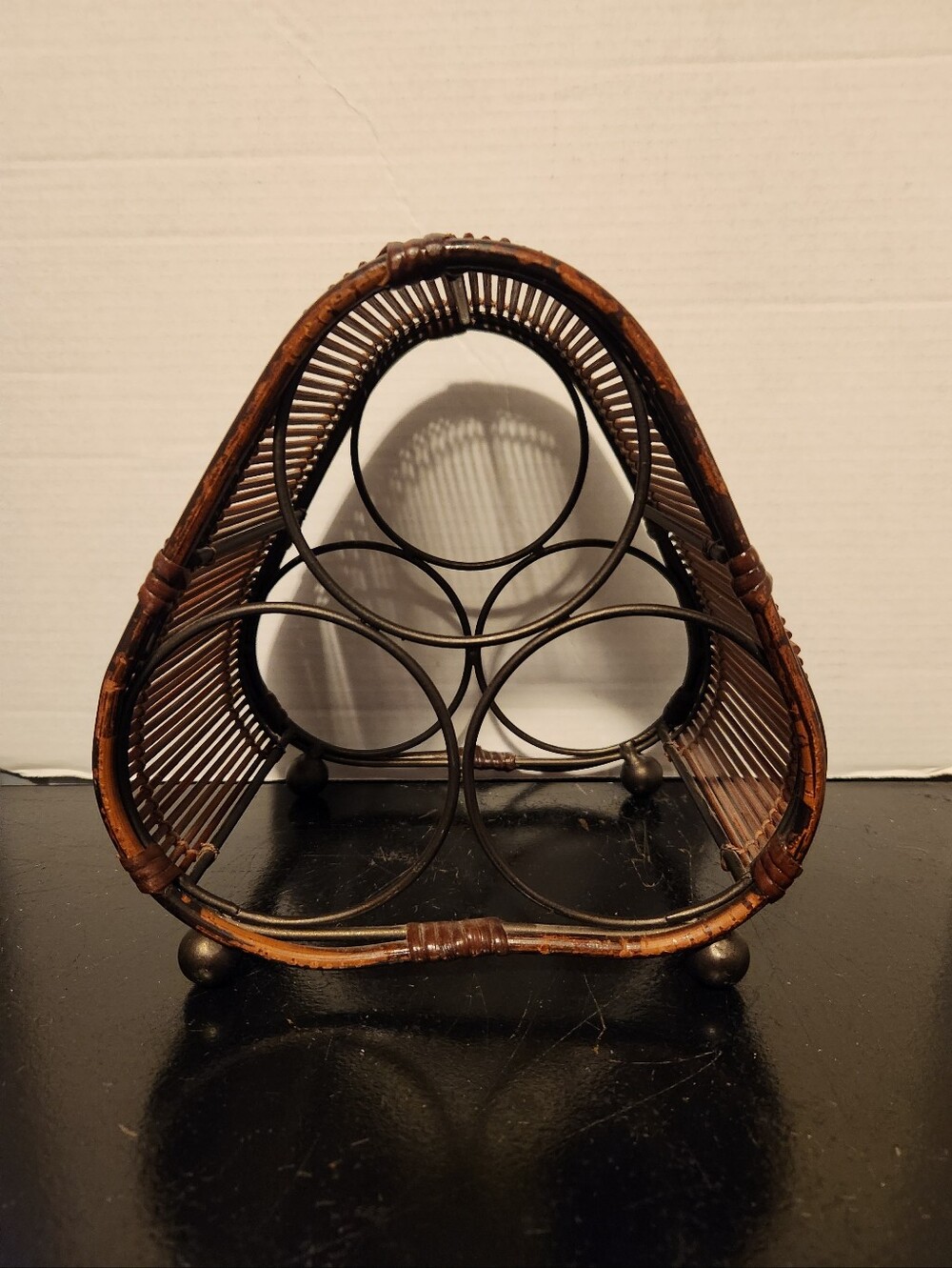 Vintage Wine Rack | Metal Rattan and Reed 3 Bottle Wine Holder